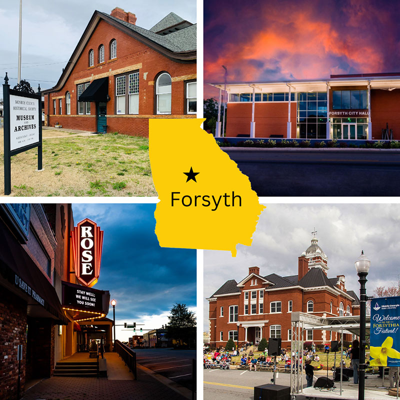 GMA social post for City Spotlight series. This one features Forsyth, Georgia and has a background grid of local landmarks including the museum, city hall, Rose theatre and city park.